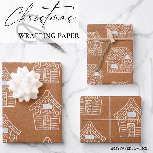 クラフト紙ホワイトジンジャーブレッドハウスクリスマスギフト ラッピングペーパーシート