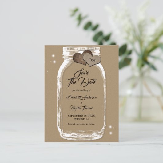 クラフト紙メーソンジャールウェディングデートを保存 案内ポストカード (スタンド正面)