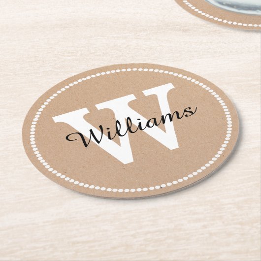 クラフト紙ルックモノグラム紙コースター ラウンドペーパーコースター (アングル)