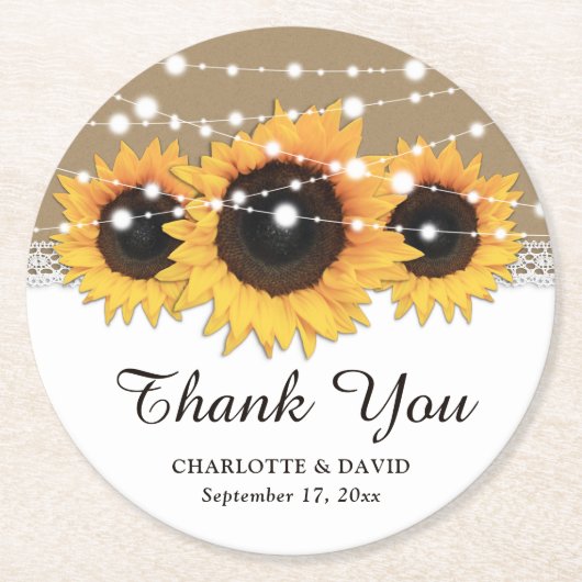 クラフト紙レースストリングライツヒマワリ結婚ーズ ラウンドペーパーコースター (正面)