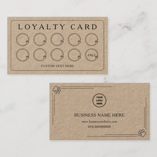 クラフト紙ロゴ可愛い前犬ねこペットサービス ロイヤリティカード (正面/裏面)