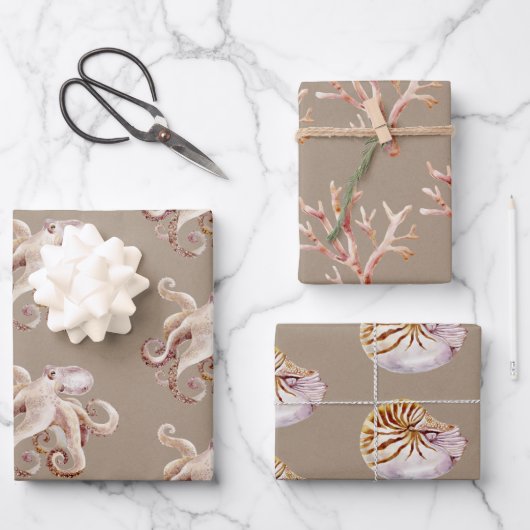 クラフト紙水彩タココーラルシェル ラッピングペーパーシート (正面)