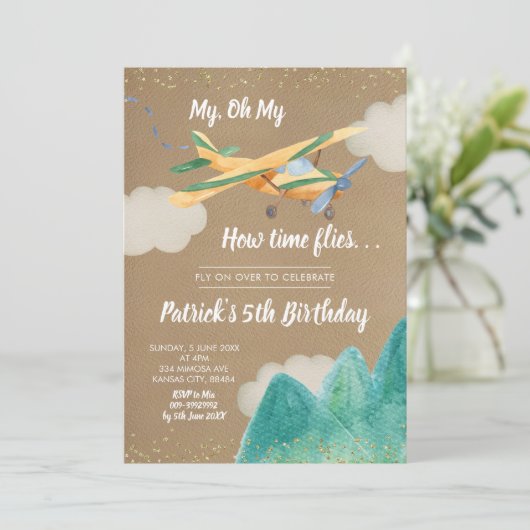 クラフト紙飛行機ボーイバースデーパーティー招待状 招待状 (スタンド正面)