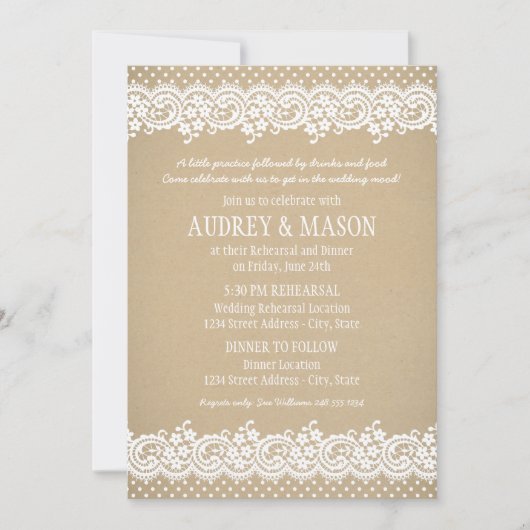 クラフト素朴とレースのリハ結婚ーサルとディナー 招待状 (正面)