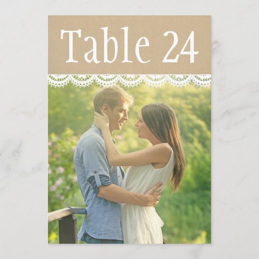 クラフト素朴とレースの結婚写真テーブル番号 招待状 (裏面)