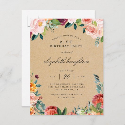 クラフト素朴なバーガンディの赤面の花の誕生会 インビテーションポストカード (正面/裏面)