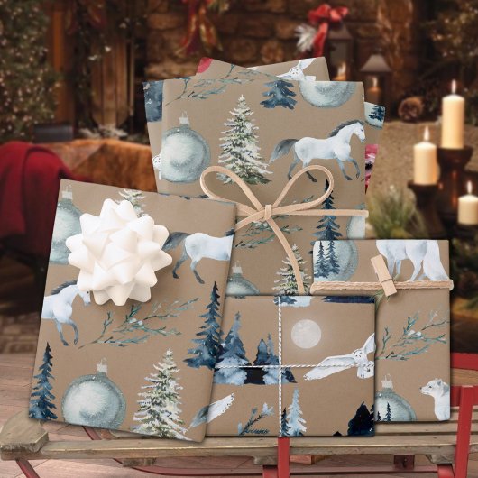 クラフト素朴ウィンターウッドランドホワイトホースキツネ&フクロウ ラッピングペーパーシート