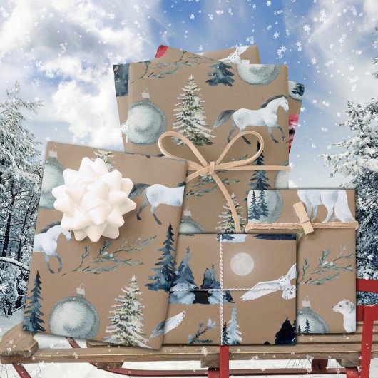 クラフト素朴ウィンターウッドランドホワイトホースキツネ&フクロウ ラッピングペーパーシート