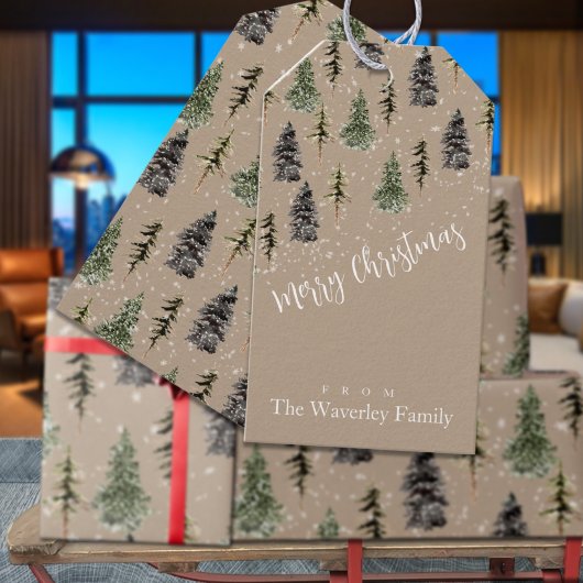 クラフト素朴ウィンターウッドランド雪のスプルースの木 ギフトタグ