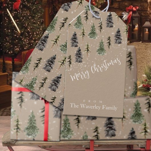 クラフト素朴ウィンターウッドランド雪のスプルースの木 ギフトタグ