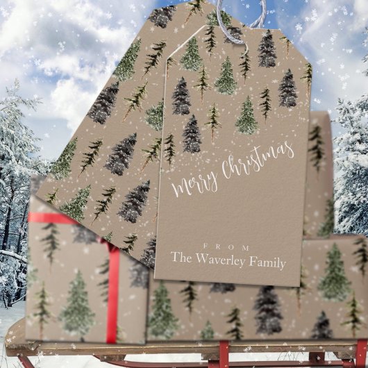 クラフト素朴ウィンターウッドランド雪のスプルースの木 ギフトタグ