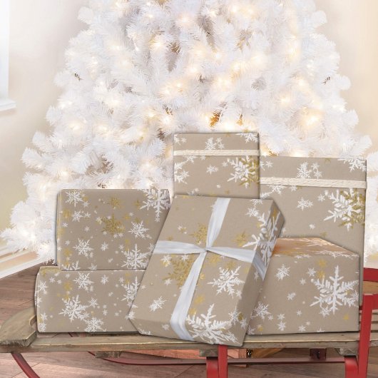 クラフト素朴ウィンターホワイト&金ゴールドスノーフレーク ラッピングペーパー