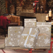 クラフト素朴ウィンターホワイト&金ゴールドスノーフレーク ラッピングペーパー