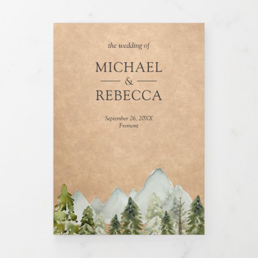 クラフト素朴ウォーターカラーマウンテンパインツ結婚リー 三つ折り招待状 (カバー)