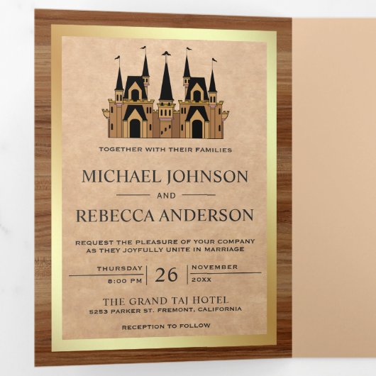 クラフト素朴ウッドフェアユタールキャッスル結婚の写真 三つ折り招待状 (内部最初)