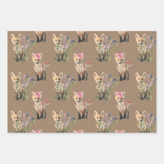 クラフト素朴ウッドランドベビーアニマルズキツネベアーウルフ ラッピングペーパーシート (正面)