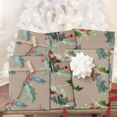 クラフト素朴クリスマスフローラホリーレッドベリー ラッピングペーパーシート