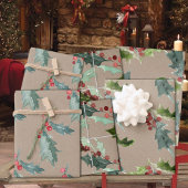 クラフト素朴クリスマスフローラホリーレッドベリー ラッピングペーパーシート