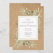 クラフト素朴グリーンリー水の色葉の結婚 招待状 (正面/裏面)