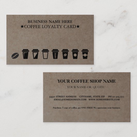 クラフト素朴コーヒーショップコーヒーロイヤリティカード 名刺 (正面/裏面)