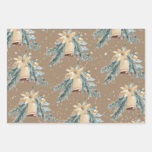クラフト素朴ゴールデンクリスマスベルが鳴っている ラッピングペーパーシート (正面2)