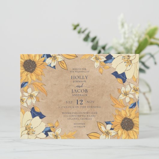 クラフト素朴サンフラワーブルーイエローフローラズ結婚 招待状 (スタンド正面)