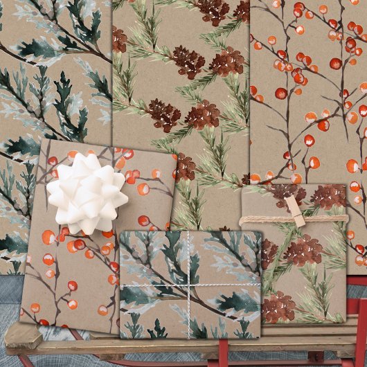 クラフト素朴ジュニパーパインコーン&イレックスベリー ラッピングペーパーシート