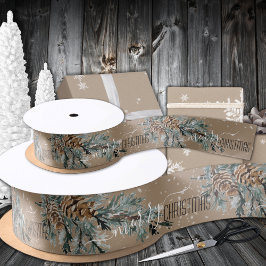 クラフト素朴ジュニパーブランチコーンメリークリスマス サテンリボン