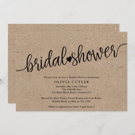 クラフト素朴スクリプトブライダルシャワー 招待状 (正面/裏面)