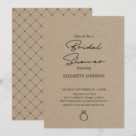 クラフト素朴スクリプモダントとリングや輪ブライダルシャワー 招待状 (正面/裏面)