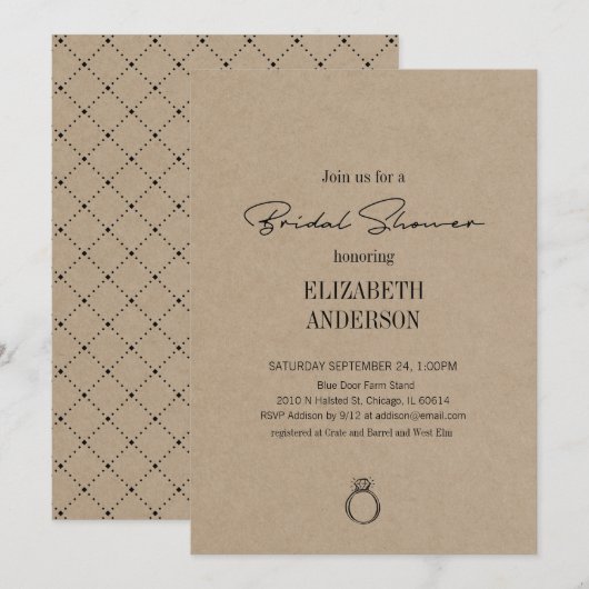 クラフト素朴スクリプモダントとリングや輪ブライダルシャワー 招待状 (正面/裏面)