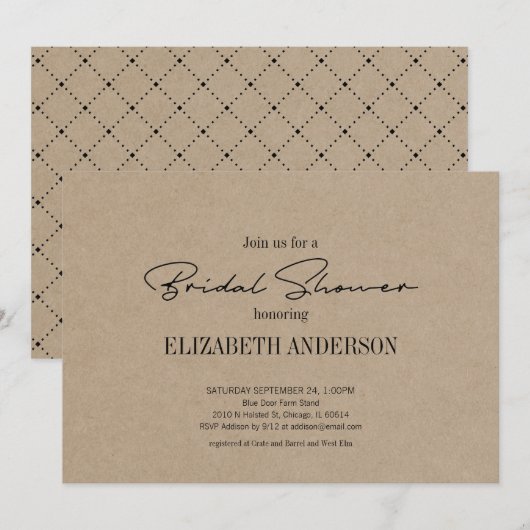 クラフト素朴スクリプモダントとリングや輪ブライダルシャワー 招待状 (正面/裏面)