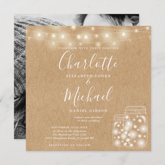 クラフト素朴ストリングライトメイソンの結婚写真 招待状 (正面/裏面)
