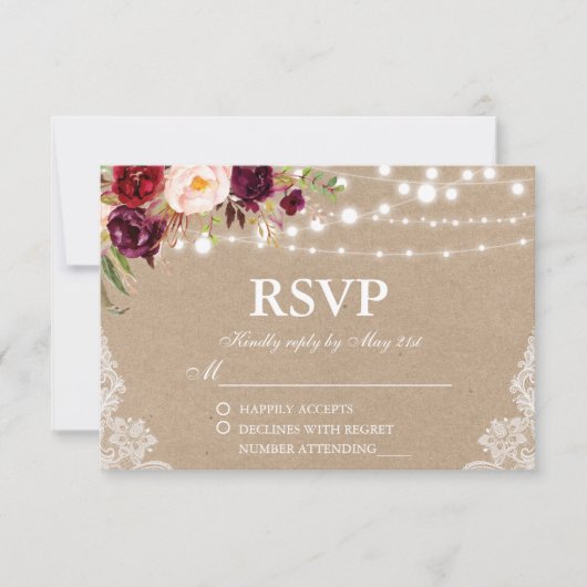 クラフト素朴ズ結婚ライツレースフローラRSVP 出欠カード (正面)