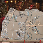 クラフト素朴ダスティブルーウィンター花模様&バード ラッピングペーパーシート