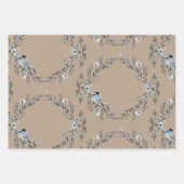 クラフト素朴ダスティブルーウィンター花模様&バード ラッピングペーパーシート (正面)