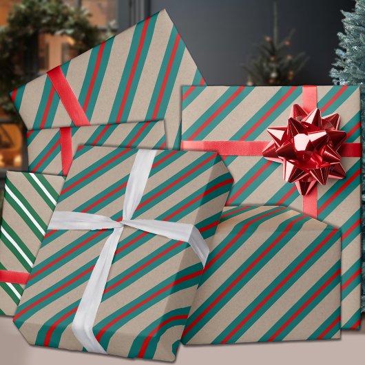 クラフト素朴ティール(緑がかった色)グリーンレッドワイドストライプ ラッピングペーパーシート