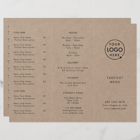 クラフト素朴テイクアウト |レストランのテイクアウェイメニュー (正面/裏面)