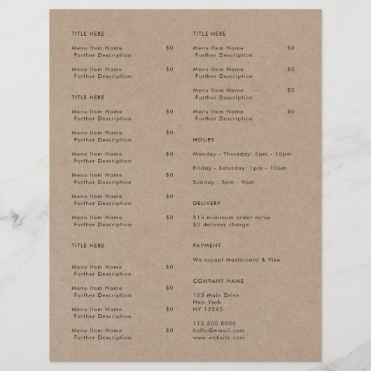 クラフト素朴テイクアウト |レストランのテイクアウェイメニュー チラシ (裏面)