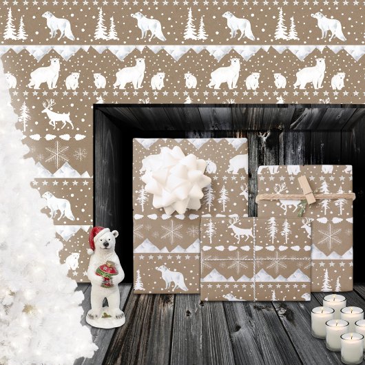 クラフト素朴ノルディックセーター白い冬の動物 ラッピングペーパーシート