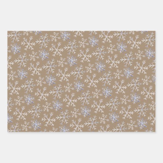クラフト素朴ハンドドロー氷の青の白い雪の結晶 ラッピングペーパーシート (正面3)