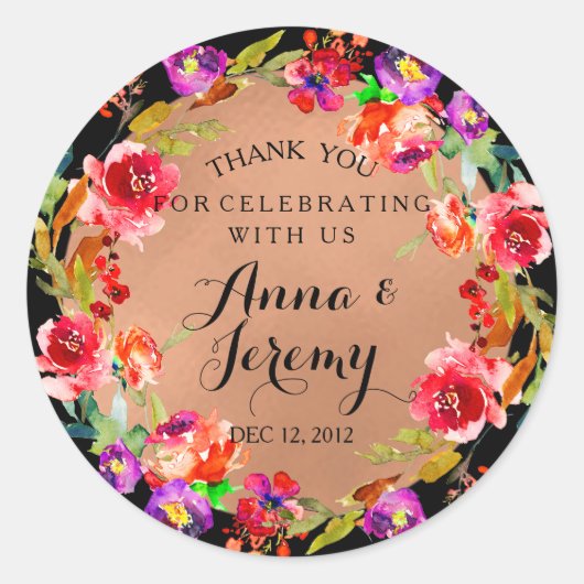 クラフト素朴バラ金ゴールドフローラ結婚ステッカー ラウンドシール (正面)