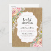 クラフト素朴バーラップフローラレースバーンブライダルシャワー インビテーションポストカード (正面/裏面)
