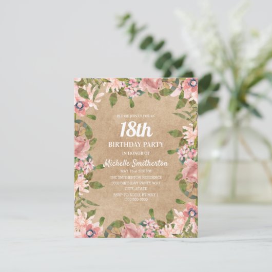 クラフト素朴ピンクウォーターカラーフローラ18誕生日 招待状 (スタンド正面)