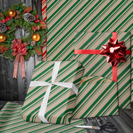 クラフト素朴フォレストグリーンキャンディストライプズホリデイ ラッピングペーパー