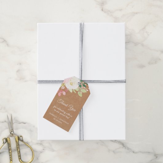 クラフト素朴フローラブラウンクリームサンキュー結婚ズ ギフトタグ (より糸付き)