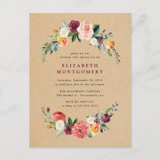 クラフト素朴フローラリースブライダルシャワー インビテーションポストカード (正面)