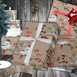 クラフト素朴ブラックキャップ《鳥》アメリカゴガラバード&ベリー ラッピングペーパー