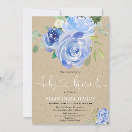 クラフト素朴ベビーのブランチの少年が青いフローラ 招待状 (正面)