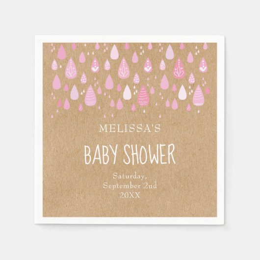 クラフト素朴ベビーピンクの雨滴ベビーシャワー スタンダードカクテルナプキン (正面)